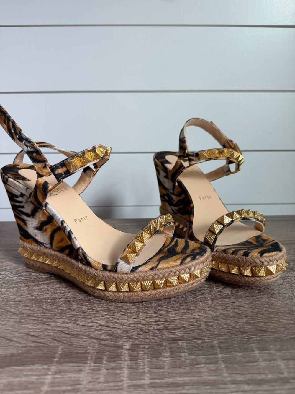 NEW Christian Louboutin Pyraclou 110 Toile Bengale Tiger Wedge Size 10 or 40